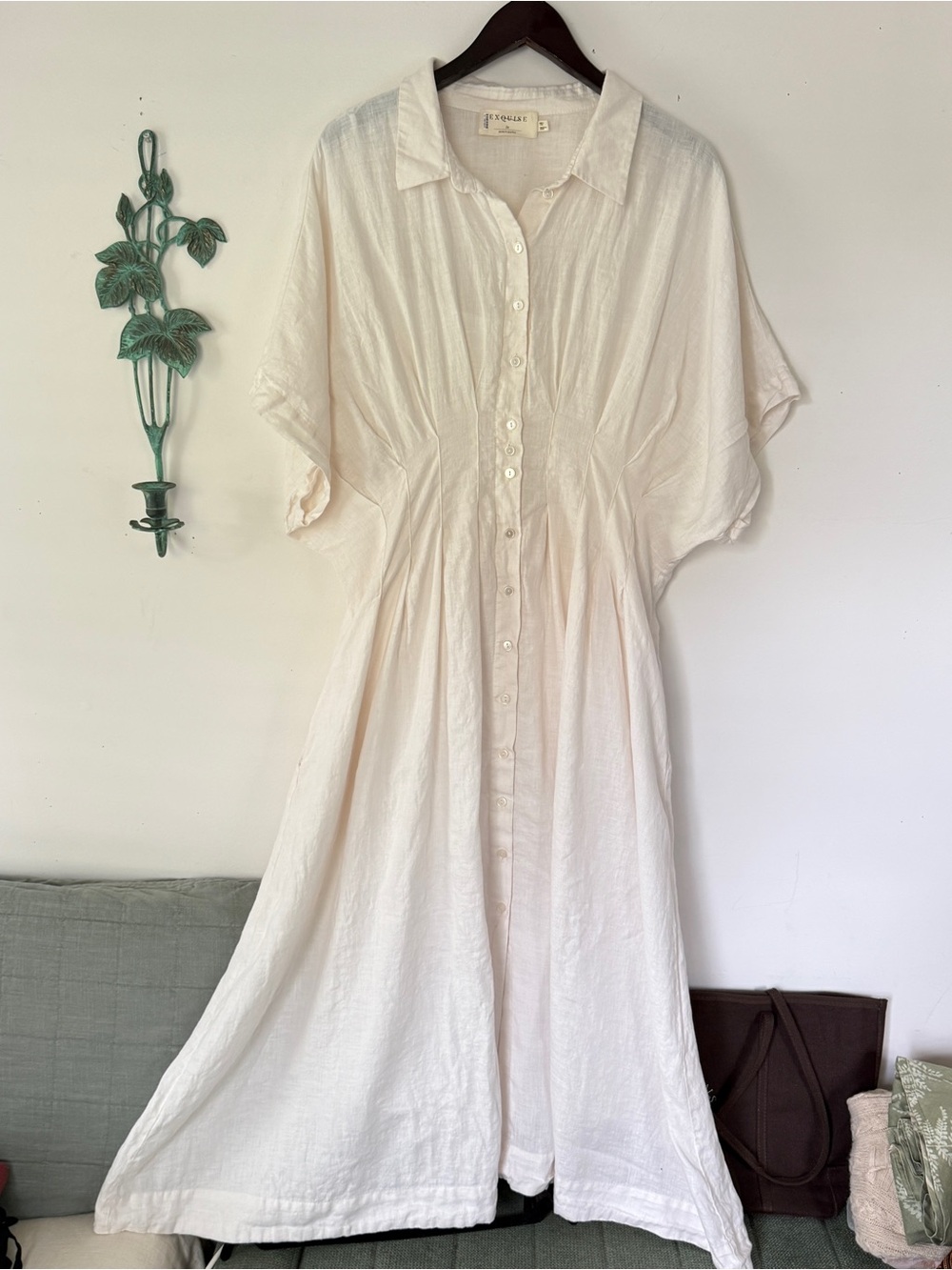 Anthropologie Exquise Tobie 100% Linen Maxi Dress 2X Natural White Dolman
